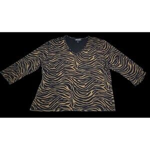 Briggs New York XL Zebra Print V-Neck Top Brown Black 3/4 Sleeve Chic.
